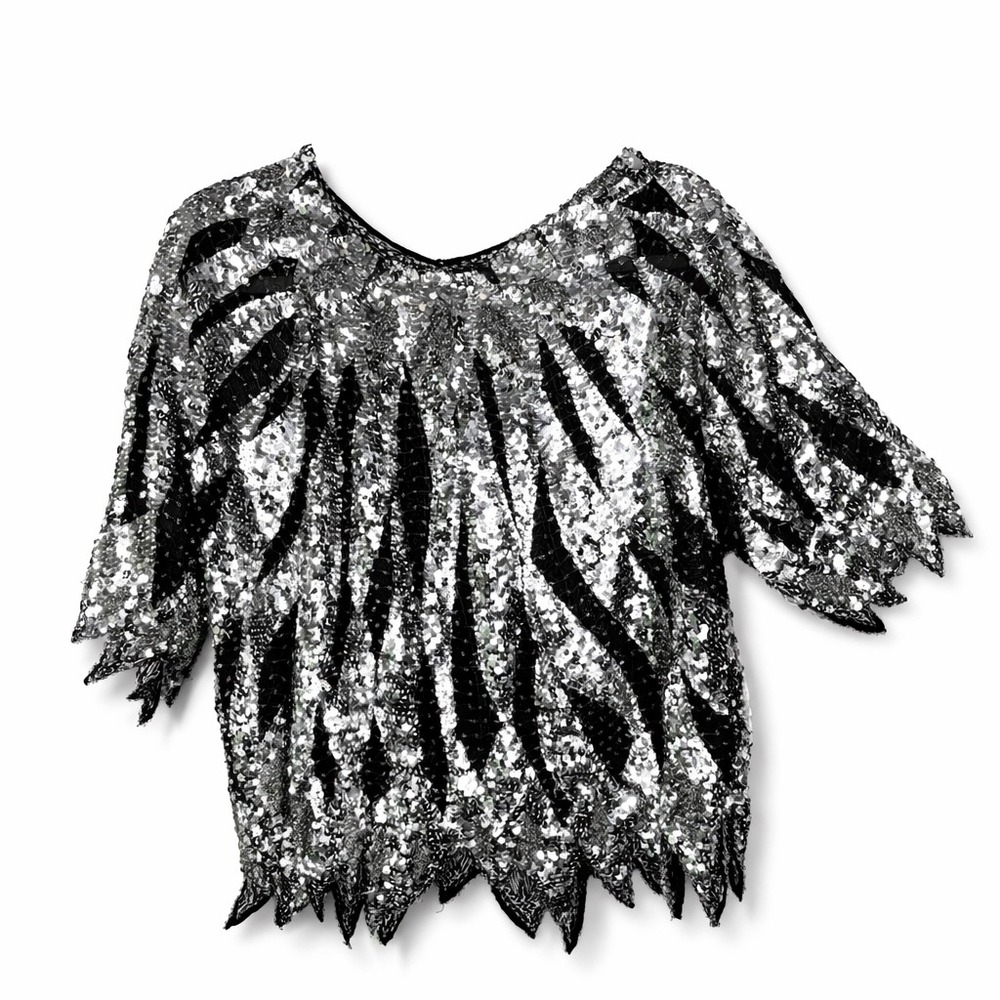 Iris Vintage Silver Black Sequin Beaded Tiger Stripe Blouse Top‎ Size M/L